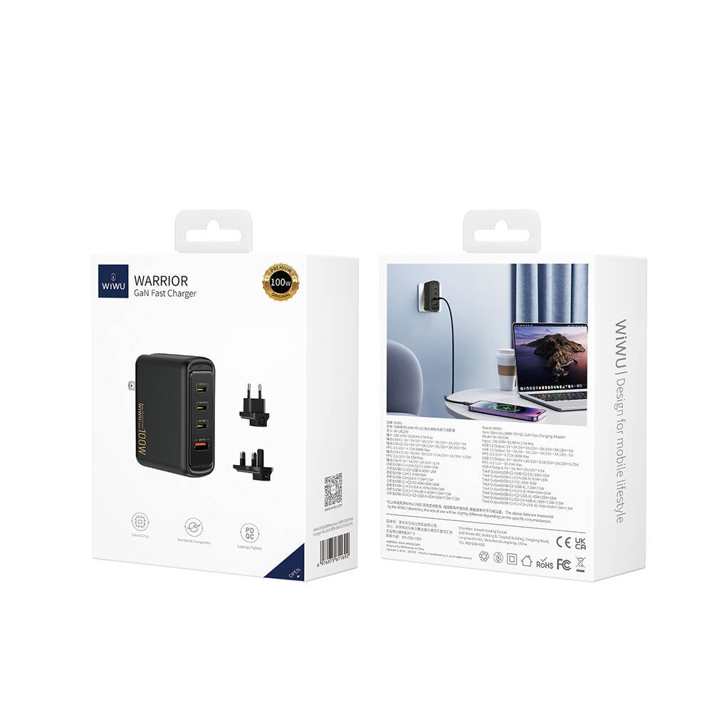Wiwu Wi-U022W Warrior Serisi GaN Teknolojili 100W QC+PD Universal Hızlı Şarj Başlığı Wiwu Wi-U022W Warrior Serisi GaN Teknolojili 100W QC+PD Universal Hızlı Şarj Başlığı